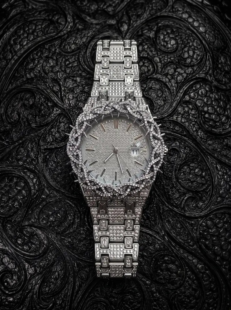 Thorncrown Gothic Watch, silver-tone engraved watch with pale dial and thorn-like bezel, front product view