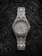 Thorncrown Gothic Watch, silver-tone engraved watch with pale dial and thorn-like bezel, front product view