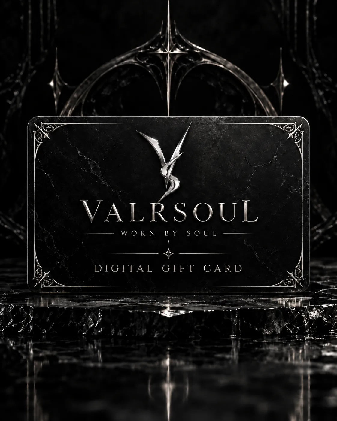 VALRSOUL digital gift card with silver gothic logo on black marble background