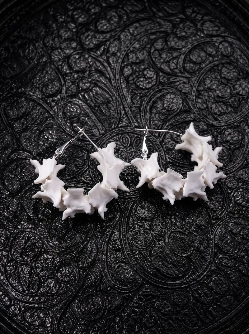 Vertebra Crescent snake bone earrings with open curved rows of white vertebrae and silver-tone hooks on black fabric