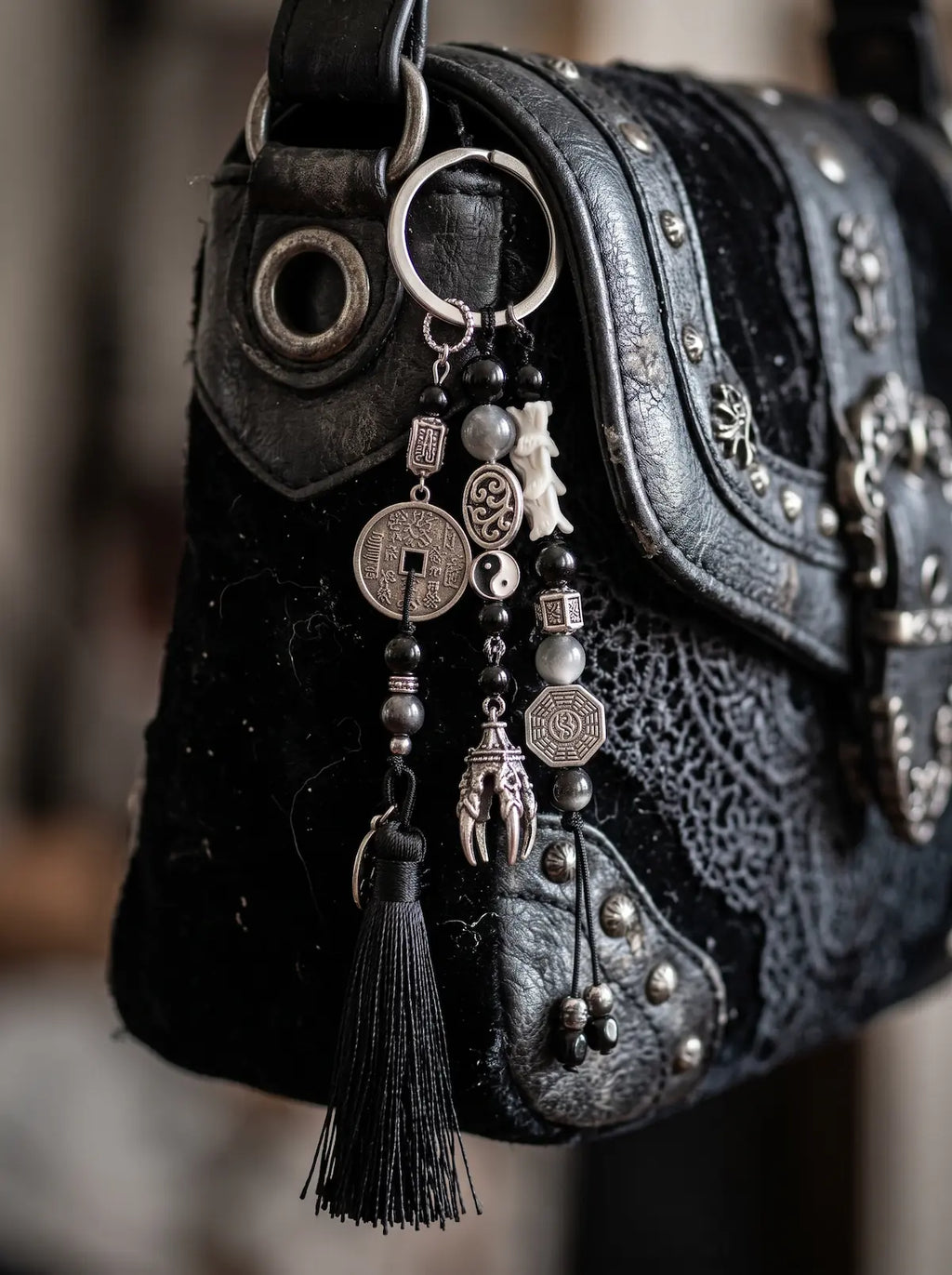 Yin Talisman Snake Bone Keychain, close detail of metal coins and pale vertebrae keychain on a black shoulder bag