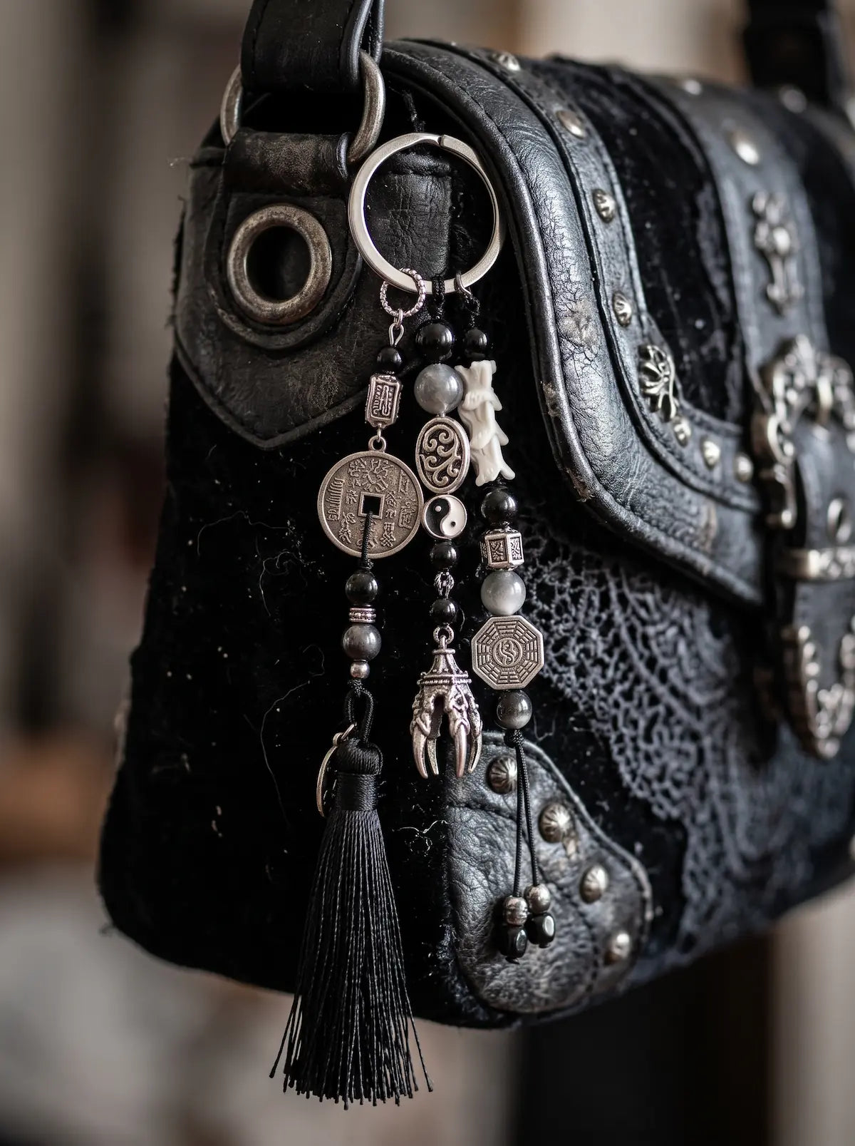 Yin Talisman Snake Bone Keychain, close detail of metal coins and pale vertebrae keychain on a black shoulder bag